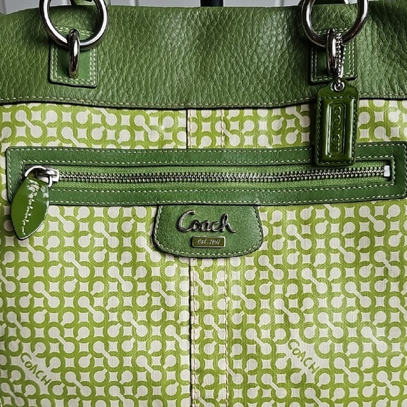 Coach 2008 Penelope Op Art North South Leather Canvas tote Green Yellow Interior - Picture 2 of 11